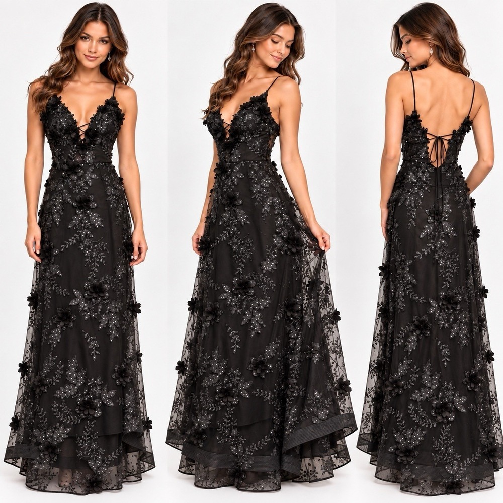 Say Yes Gown 5 6 NWT Black Sequin Lace Corset Formal Dress Whimsigoth Maxi